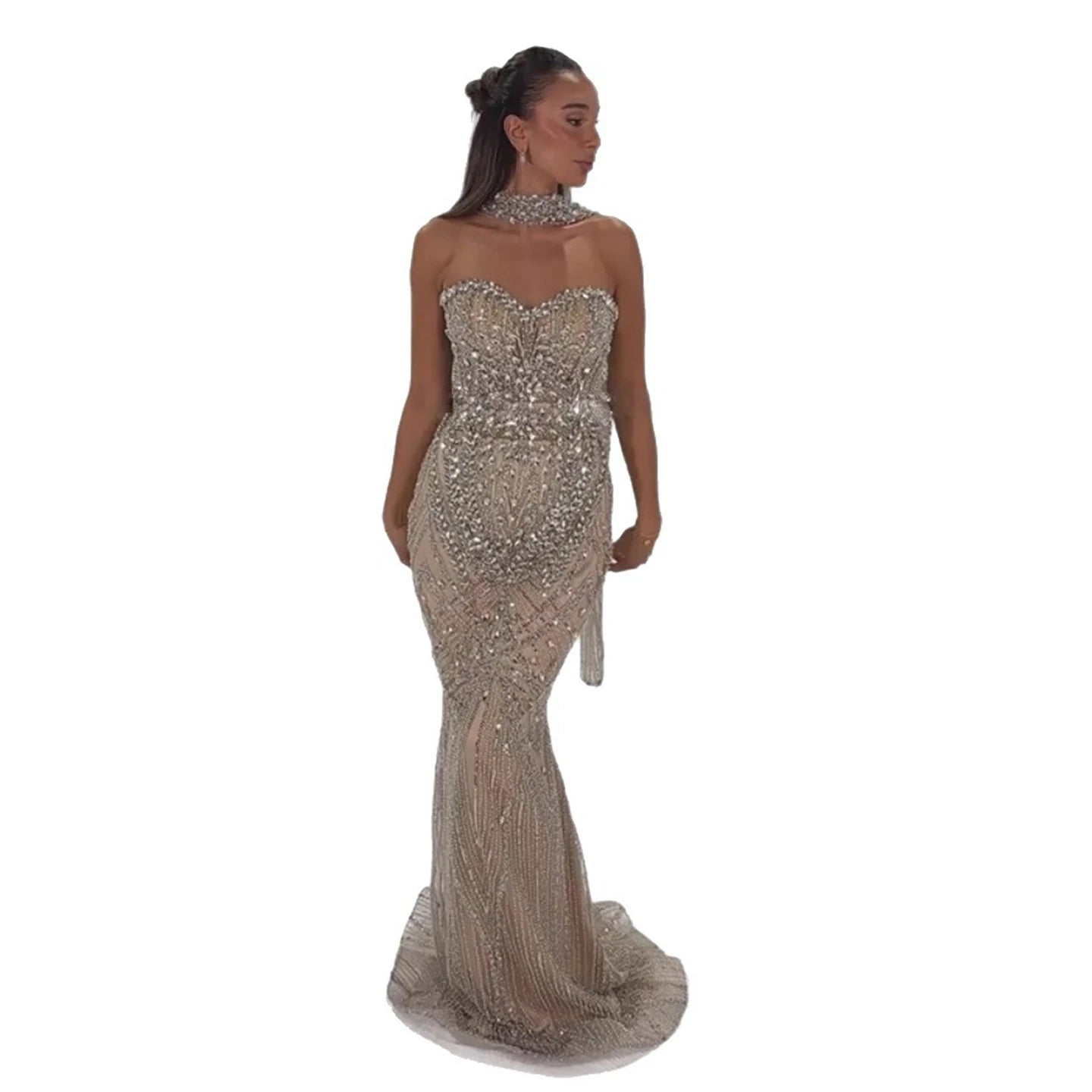 Luxury Nude Crystal Beaded Mermaid Evening Dress LA73375 - SERENE HILL