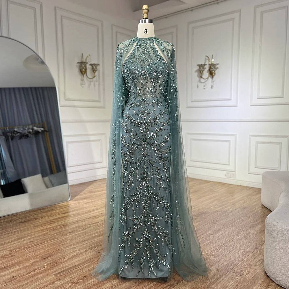 Luxury Caramel Arabic Beaded Mermaid Evening Dress with Cape Sleeves LA72652 - SERENE HILL