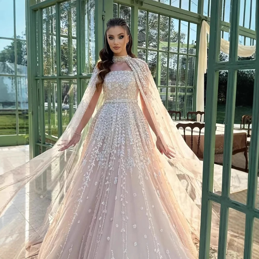Luxury Arabic Nude Square Neck Beaded A-Line Evening Dress With Cape LA72835 - SERENE HILL