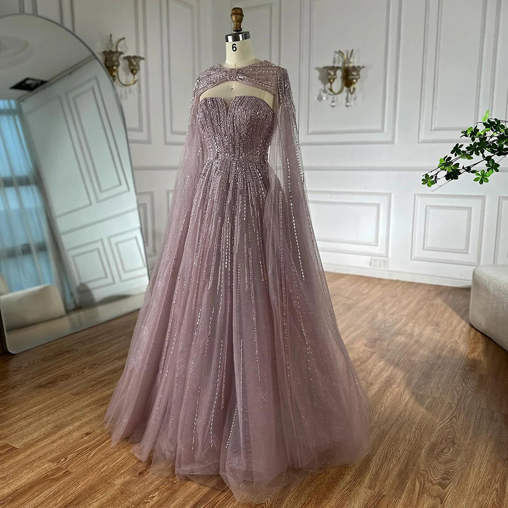 Serene Hill 2025 Arabic Blue Cape Sleeves A-Line Beaded Evening Dresses Long Celebrity Gowns for Women Wedding Party LA72427 - SERENE HILL