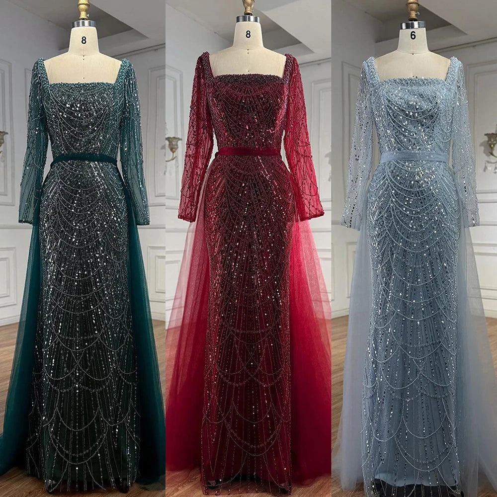 Blue Square Evening Dress With Long Sleeve Plus Size LA72032N - SERENE HILL