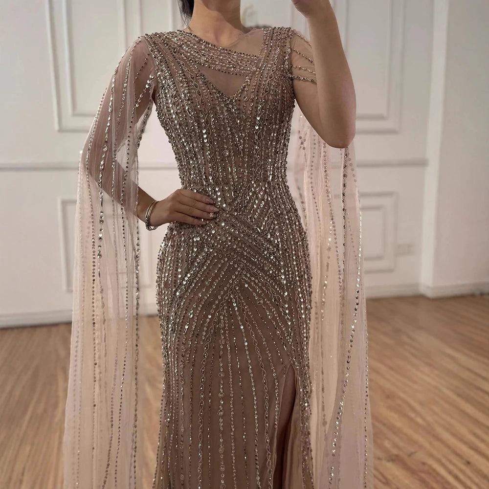 Luxury Nude Beaded Mermaid Evening Dress with Cape Sleeves LA71429B - SERENE HILL