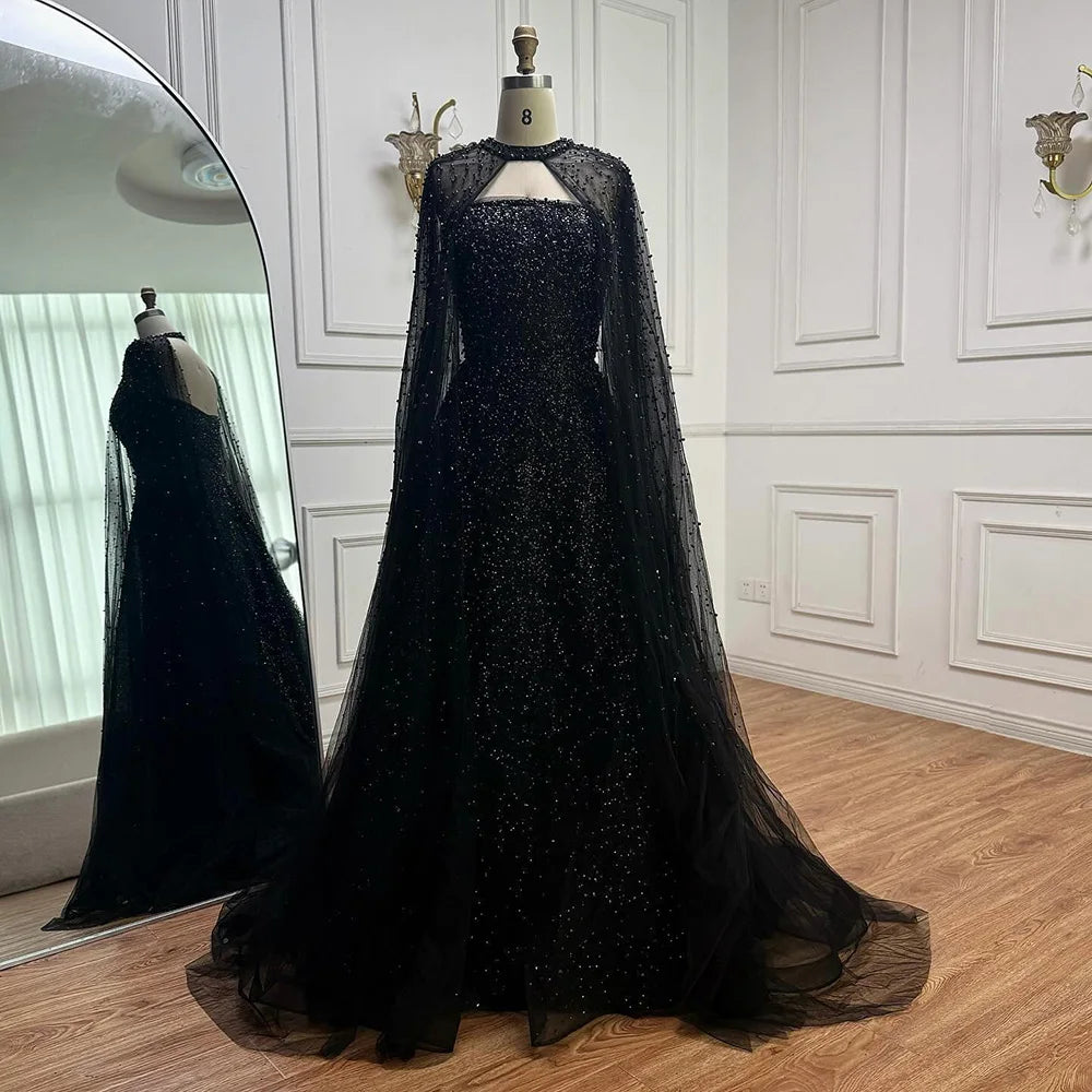 Luxury Arabic Blue A-Line Evening Dress with Cape Sleeves Plus Size LA72659 - SERENE HILL