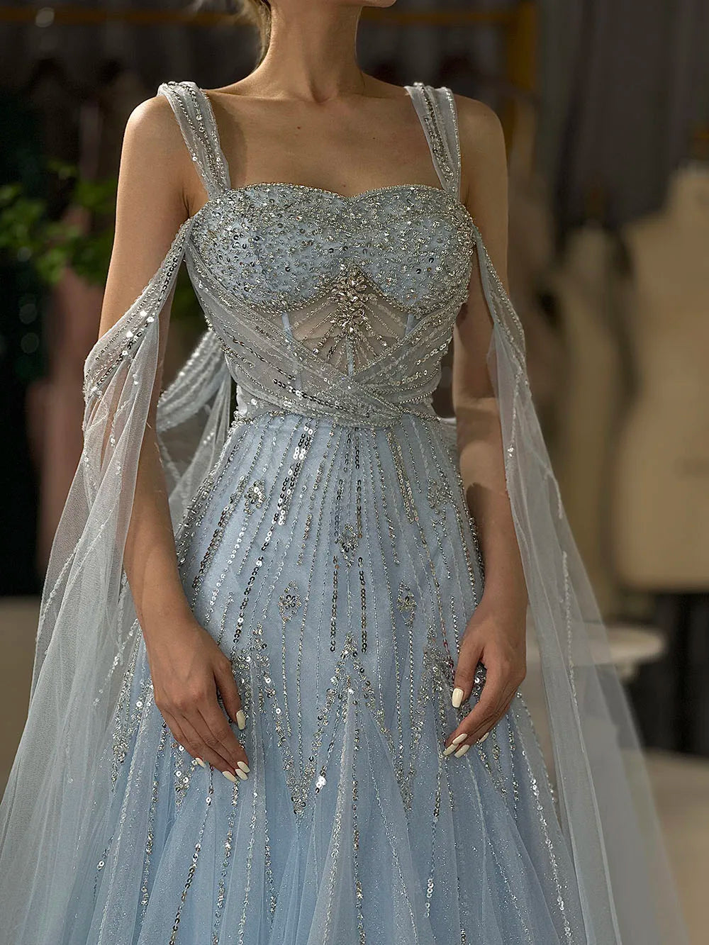 Luxury Dubai pink Beaded Spaghetti Strap Design A-Line Evening Dresses Gowns with Cape Sleeves for Formal Occasion LA72726 - SERENE HILL
