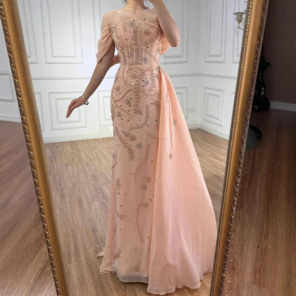 Luxury Nude Off Shoulder Pearl Beaded Mermaid Evening Dress with Overskirt LA73109 - SERENE HILL