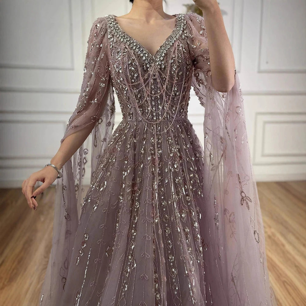 Luxury Nude Beaded Evening Dress with Cape Sleeves for Formal Occasion LA72764A - SERENE HILL