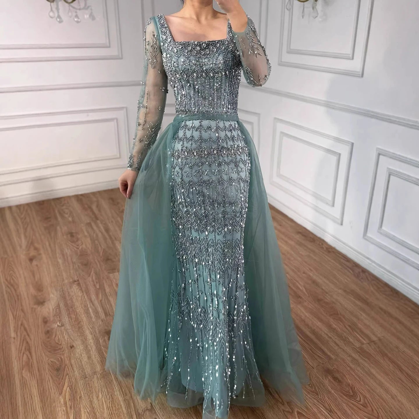 Luxury Arabic Square Neck Beaded Mermaid Evening Dress LA72714D - SERENE HILL