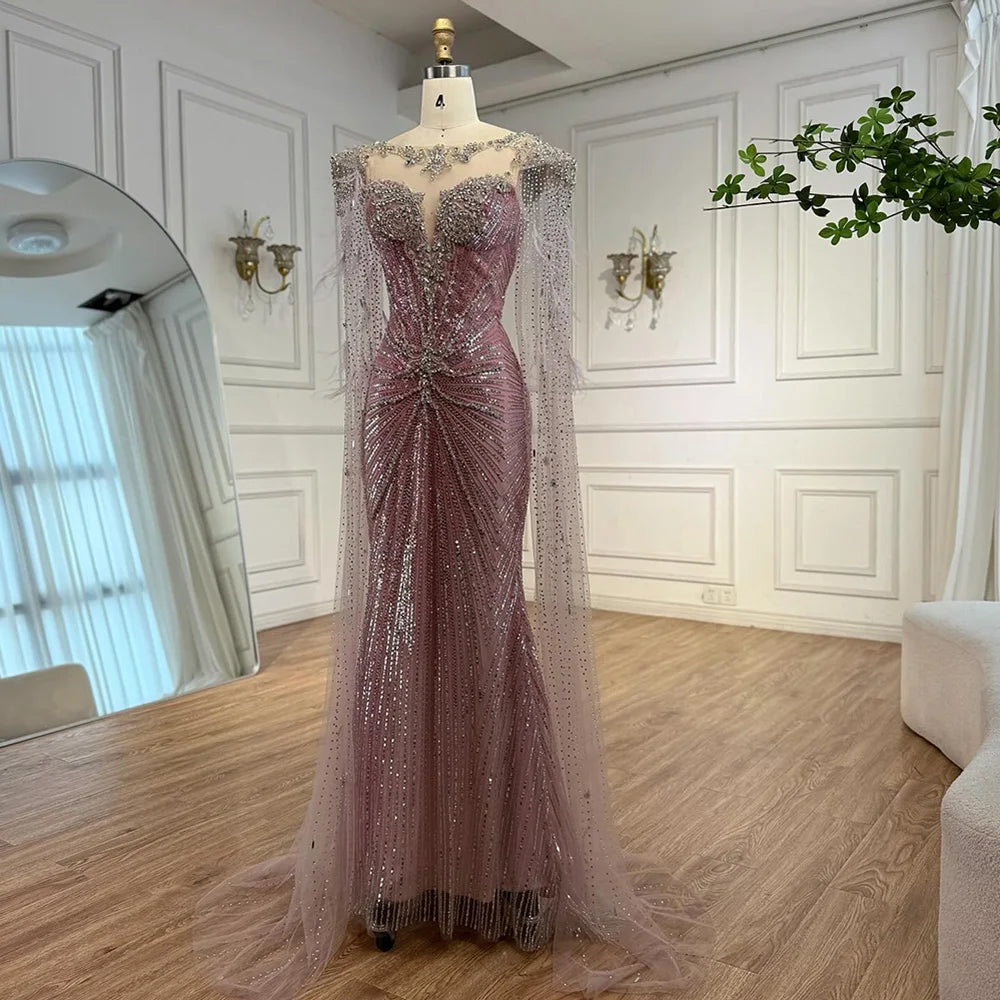 Luxury Pink Beaded Mermaid Evening Dress with Cape LA73106 - SERENE HILL