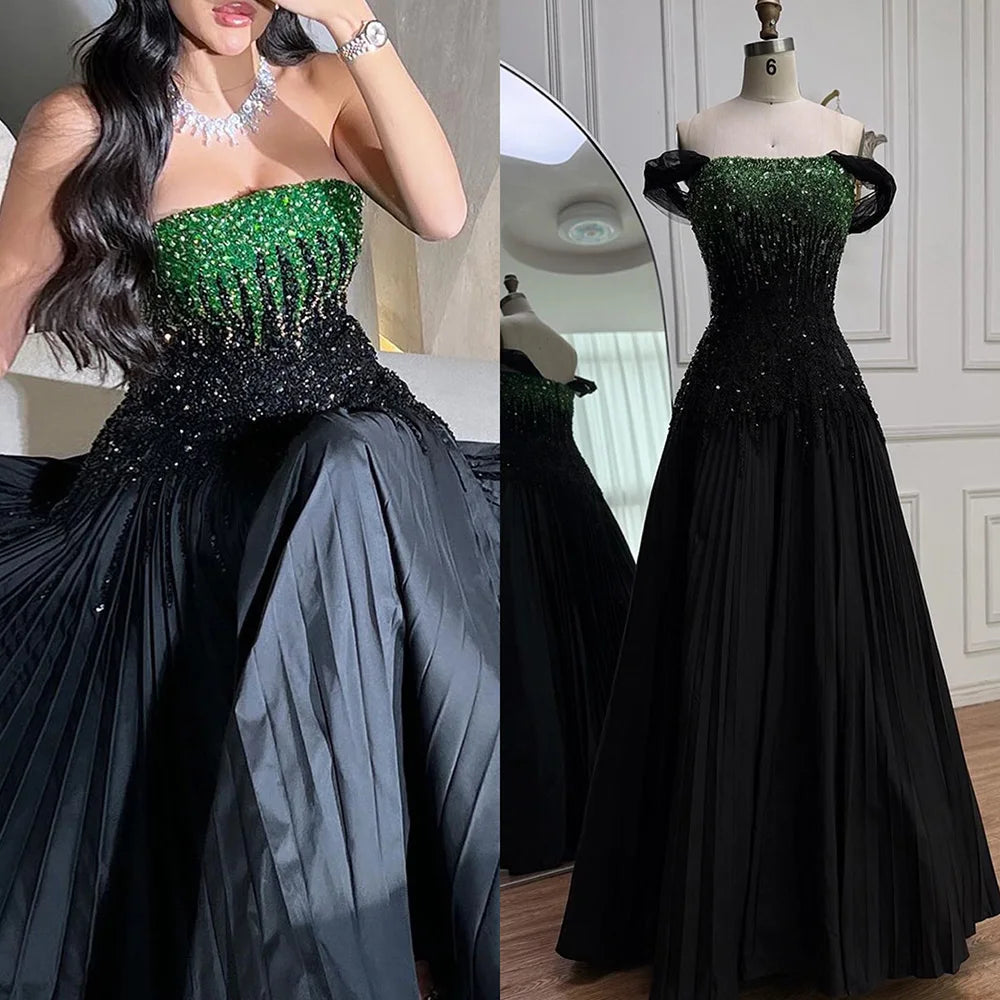 Luxury Beaded Black Green Off Shoulder Dubai Evening Dress for Party LA72406 - SERENE HILL