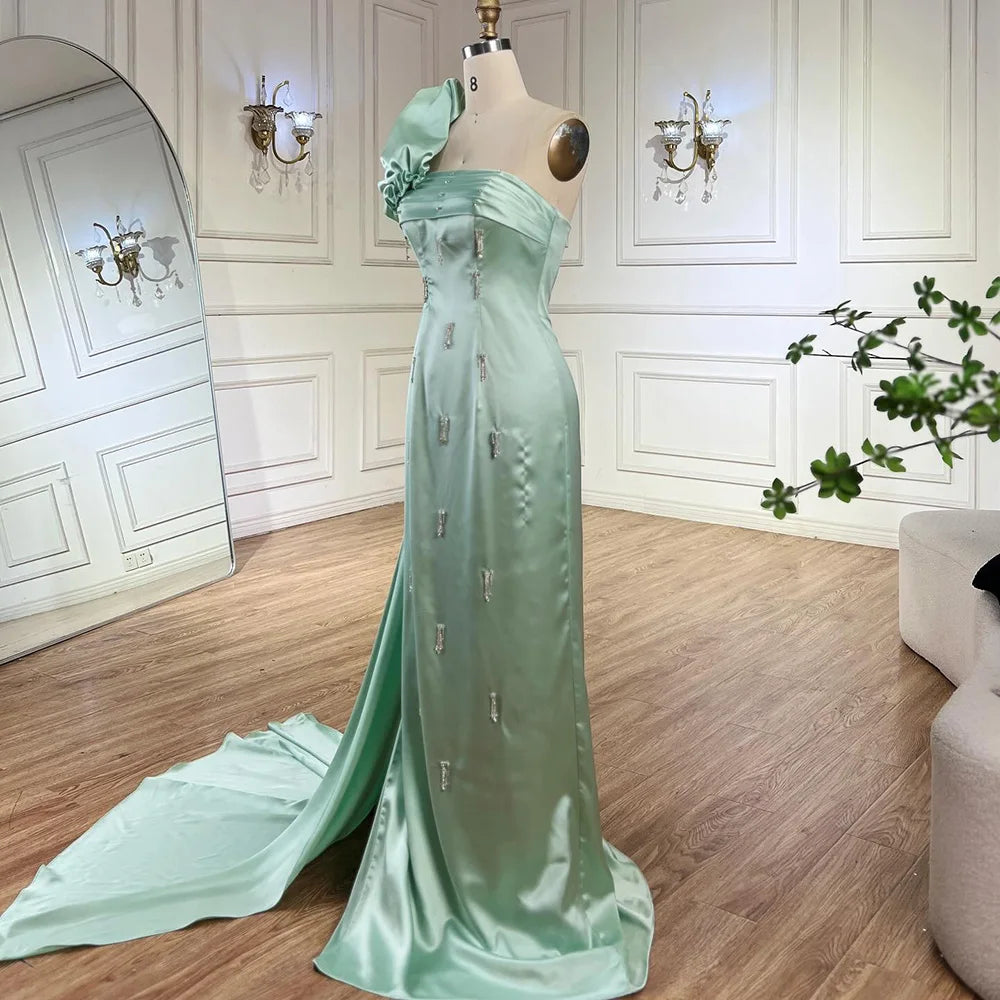Serene Hill Arabic Sage Green One Shoulder with Cape Luxury Crystal Dubai Evening Dress Gowns for Women&