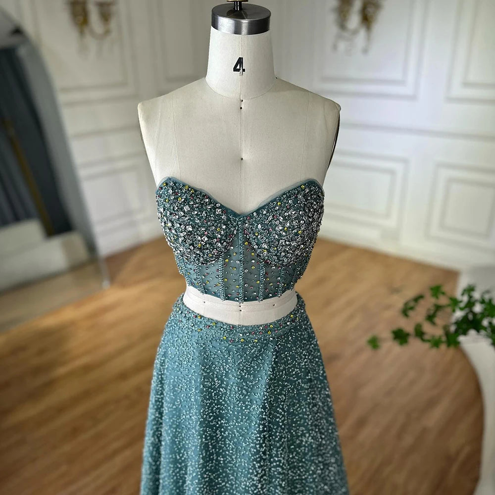 Luxury Dubai Customize Saudi Turquoise Two-Piece Evening Dress with High Split for Formal Occasion LA72786 - SERENE HILL
