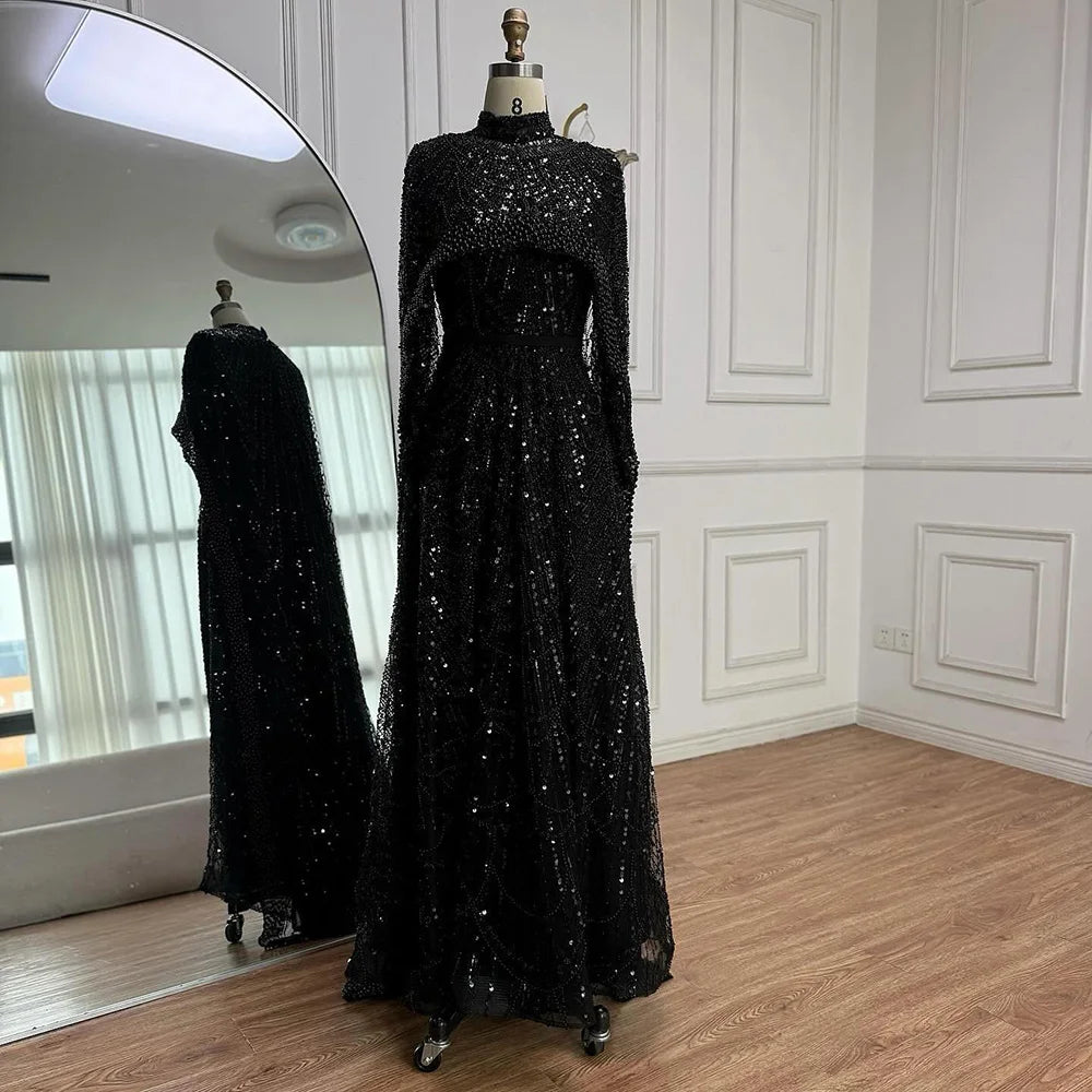 Luxury Modest Sage Green Evening Dress with Pearls LA72032B - SERENE HILL