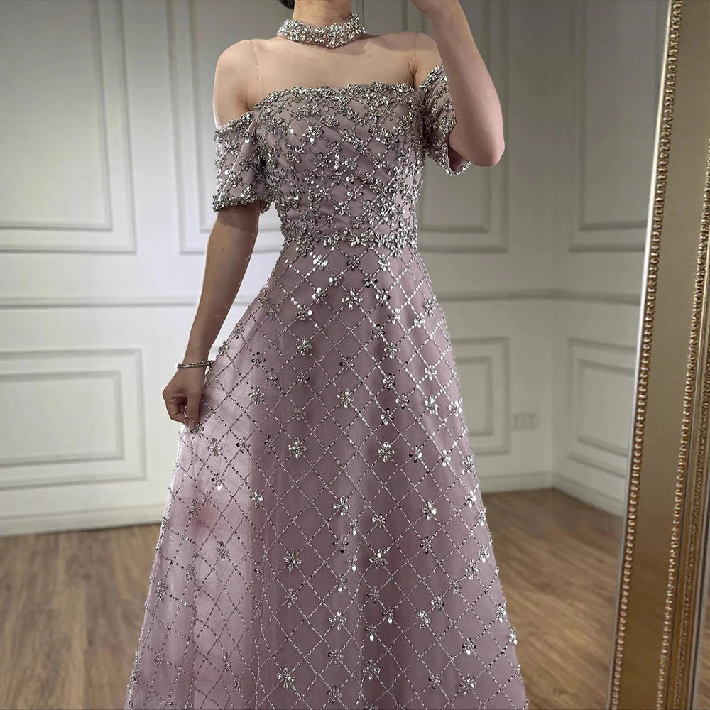 Luxury Nude Sliver Off Shoulder Beaded Crystal A-Line Evening Dress LA73122 - SERENE HILL
