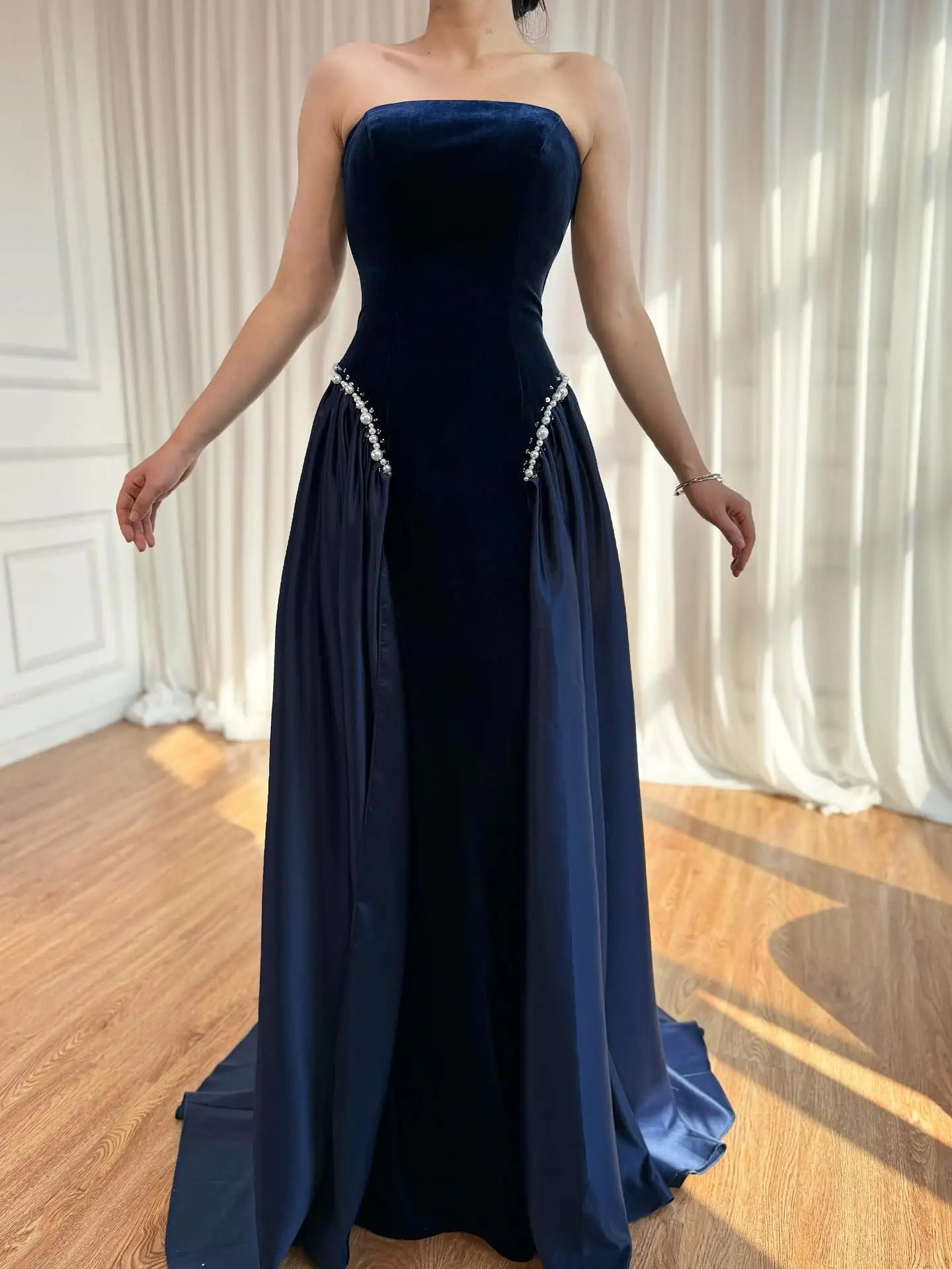 Luxury Navy Blue Mermaid Pearls Evening Dress Gowns With Skirt LA73351 - SERENE HILL