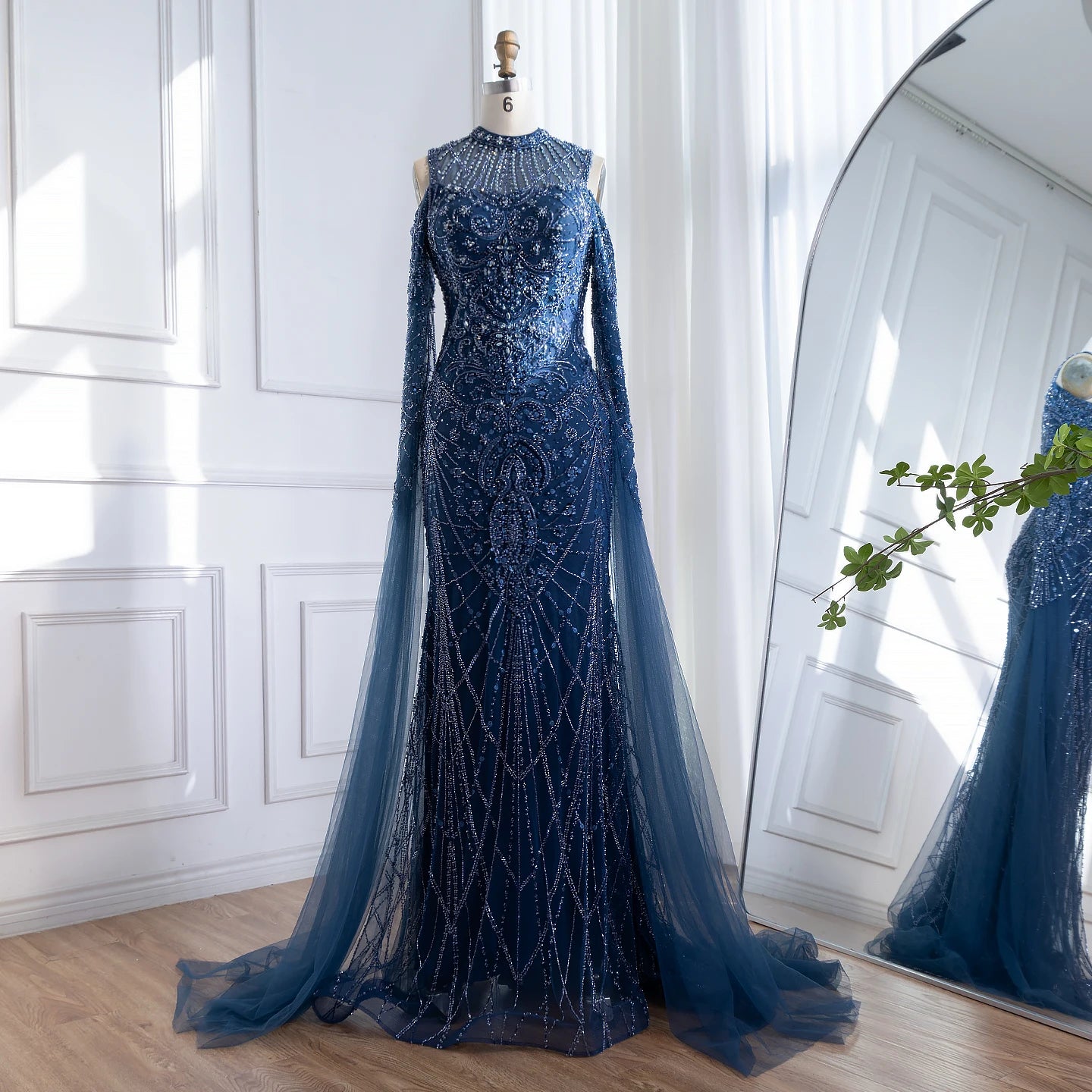 Luxury Dubai Navy Blue Beaded Lace Evening Dress with Cape Sleeves LA73323 - SERENE HILL