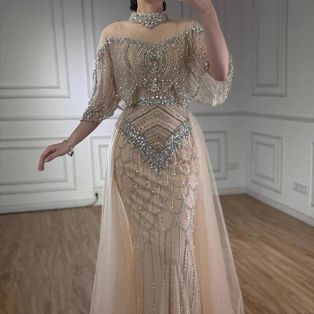 Luxury Gray Beaded Evening Dress with Overskirt LA73129 - SERENE HILL
