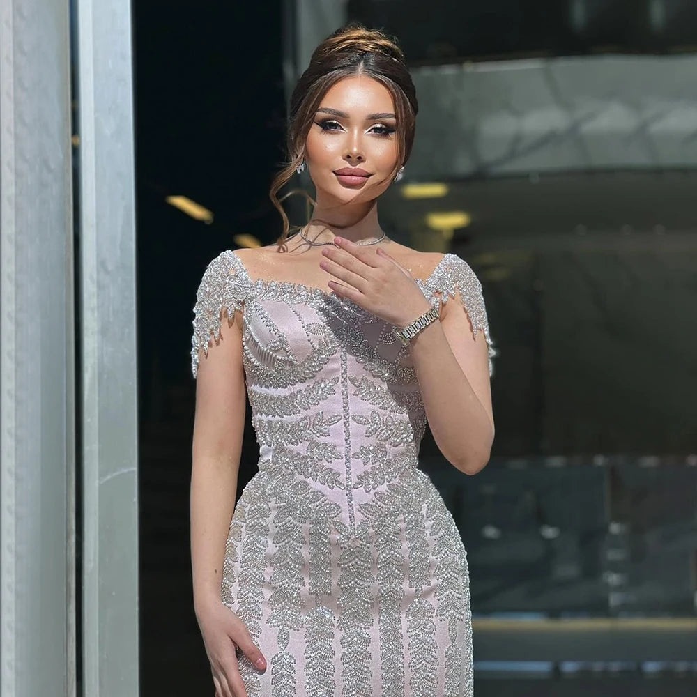 Pink Mermaid Beaded Evening Dress with Short Sleeves LA72787  SERENE HILL