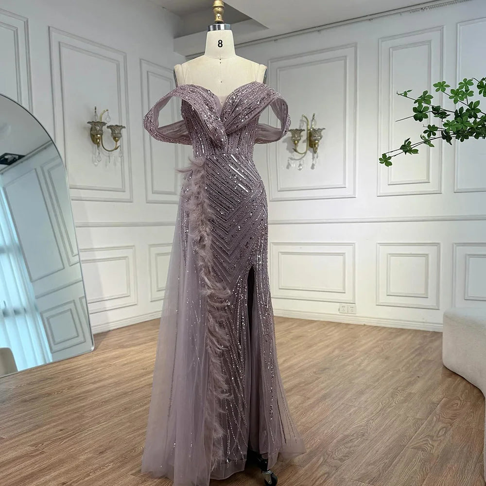 Luxury Pink Off Shoulder Beaded Feather Mermaid Evening Dress LA73111 - SERENE HILL