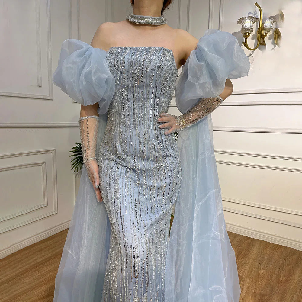 Luxury Dubai Arabic Blue Mermaid Balloon Sleeves Beaded Evening Dresses LA71823 - SERENE HILL