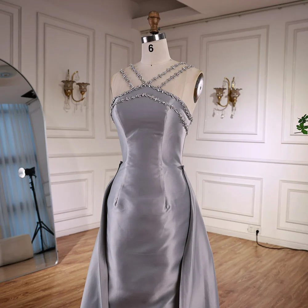 Elegant Light Blue Satin Evening Dress with Overskirt LA72524 - SERENE HILL