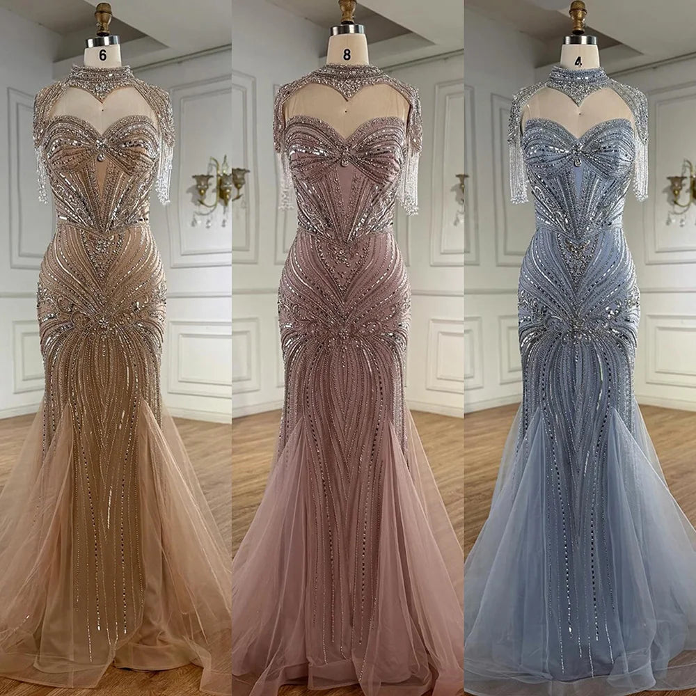 Luxury Nude Beaded High Neck Mermaid Evening Dress LA72897 - SERENE HILL