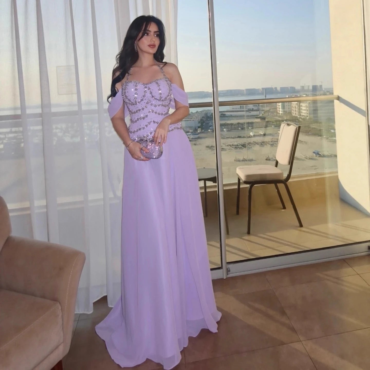 Luxury Arabic Lilac Chiffon Beaded A-Line Evening Dress LA73327 - SERENE HILL