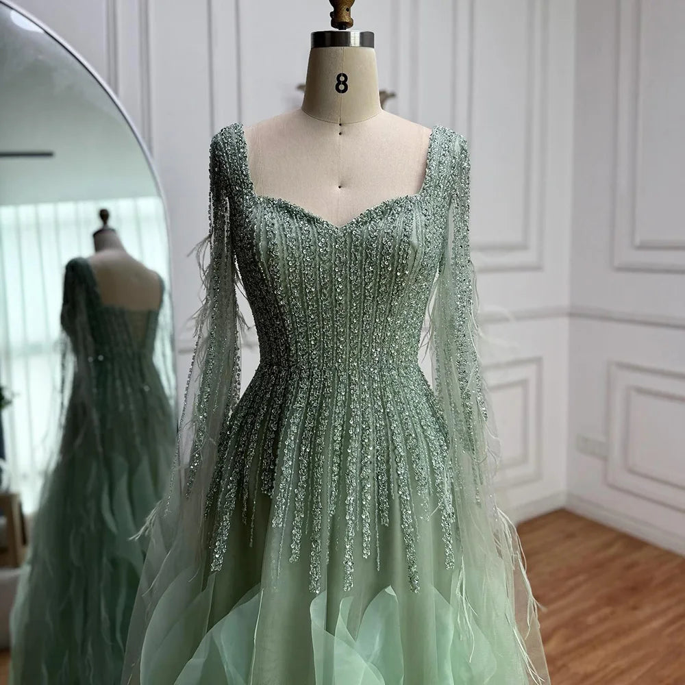 Luxury Sage Green A lina Evening Dress With Cape LA72984 - SERENE HILL