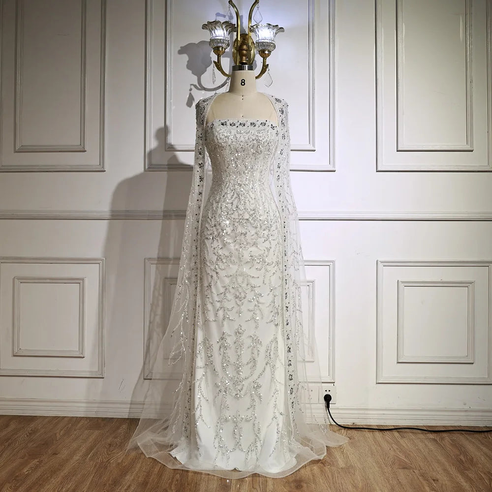 Luxury White Dubai Arabia Beading Evening Dress With Cape LA72870 - SERENE HILL