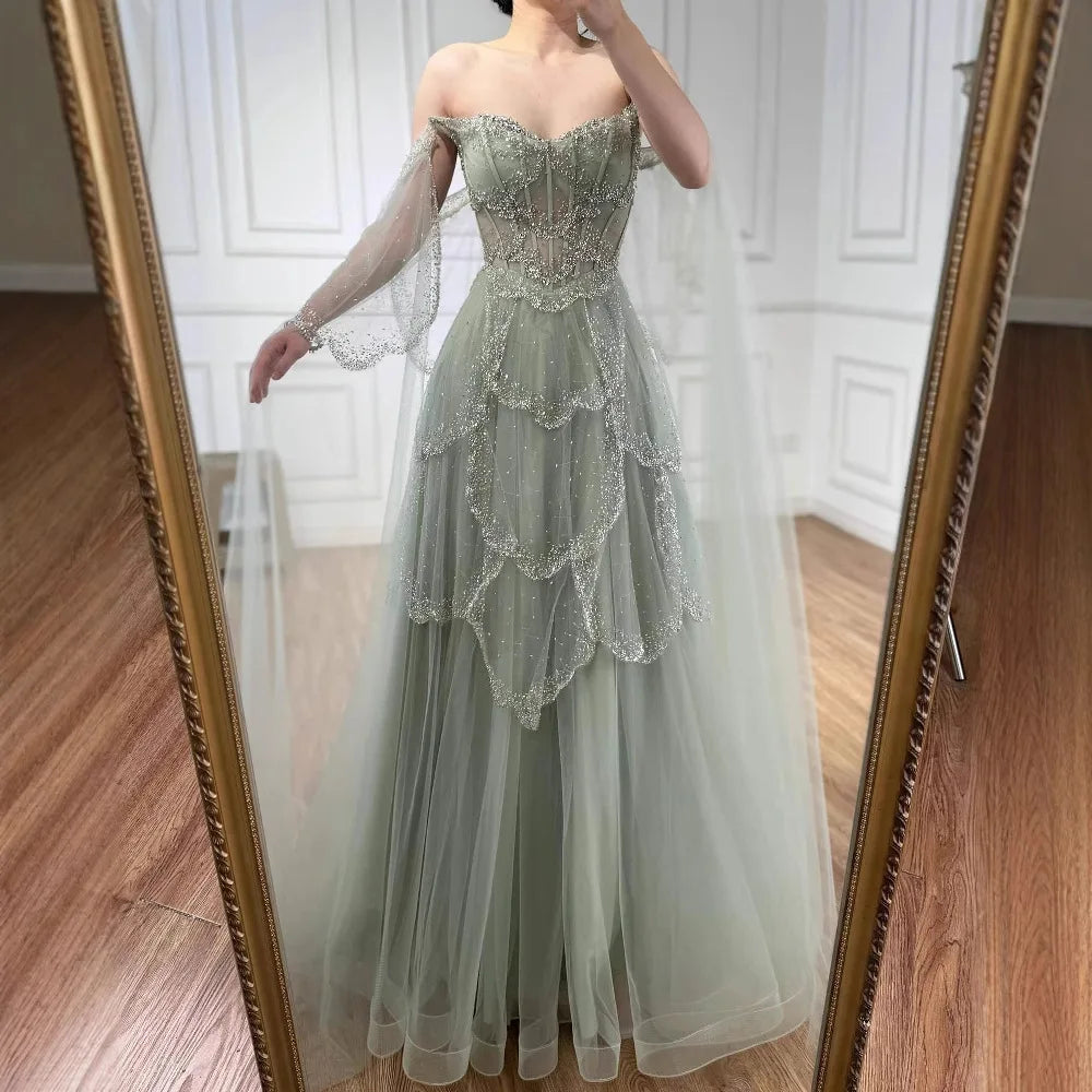Luxury Arabic Sage Green Beaded A-Line Evening Dress with Cape LA72605A - SERENE HILL