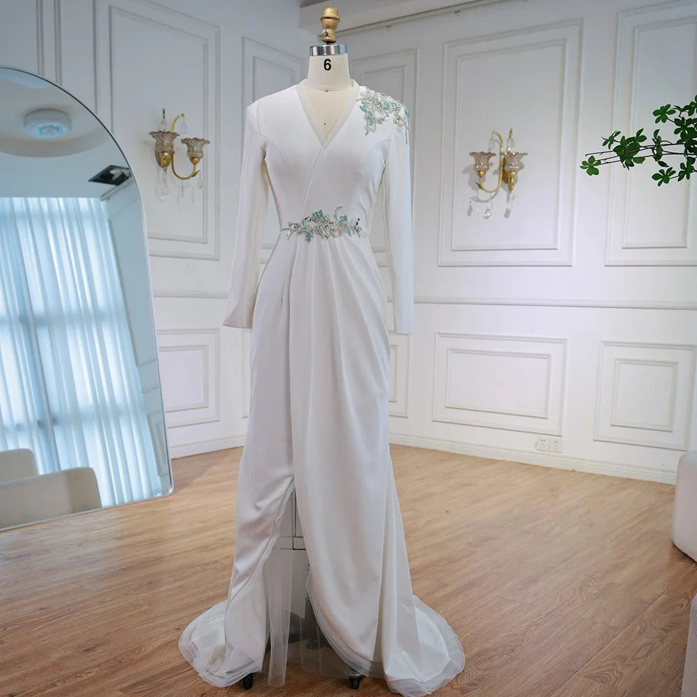 Elegant White Floral Beaded Evening Dress with Slit LA73030 - SERENE HILL