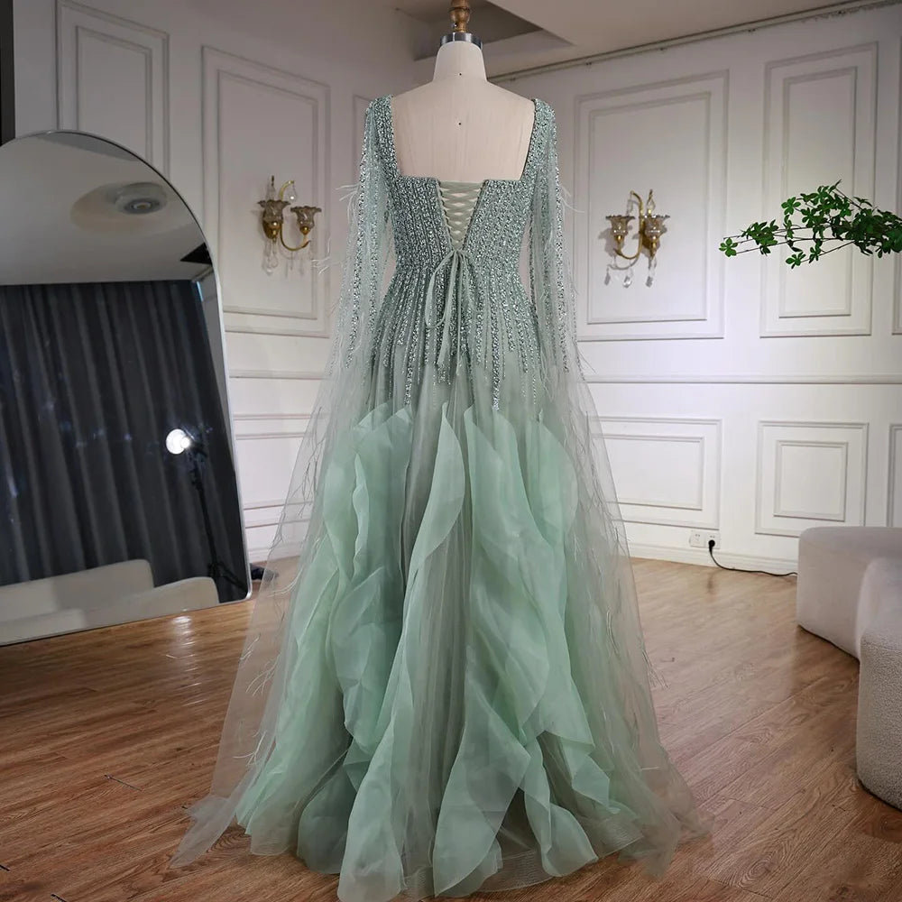 Luxury Sage Green A lina Evening Dress With Cape LA72984 - SERENE HILL