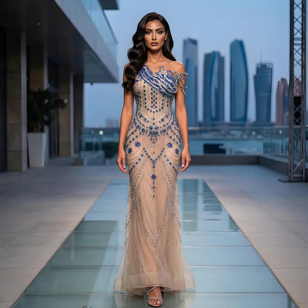 Luxury Blue Crystal Beaded Mermaid Evening Dress LA72760B - SERENE HILL