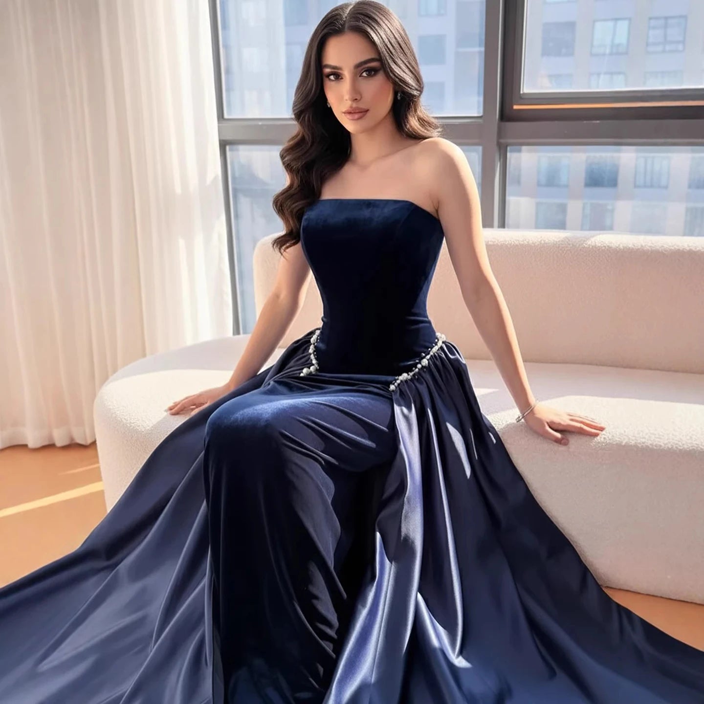 Luxury Navy Blue Mermaid Pearls Evening Dress Gowns With Skirt LA73351 - SERENE HILL