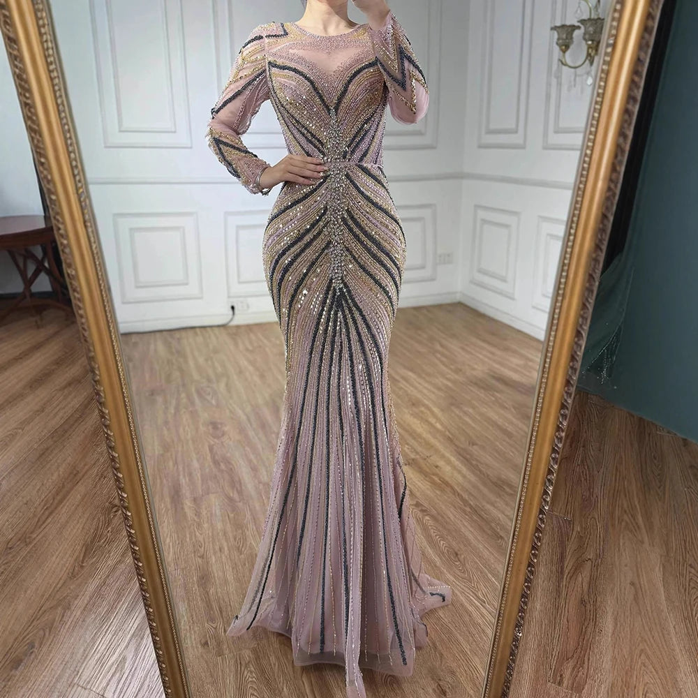 Luxury Pink Modest Dubai Mermaid Evening Dress Long Sleeevs 2026 LA73213 - SERENE HILL