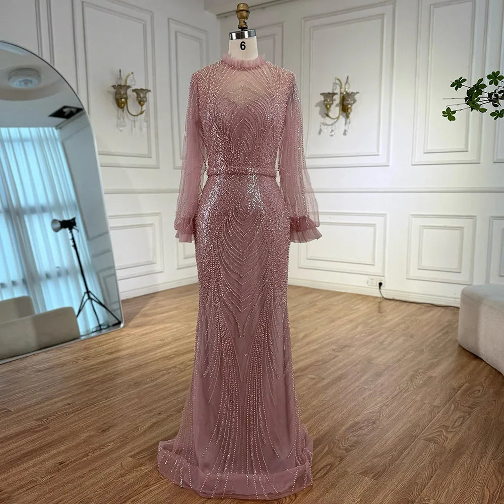 Modest Gray High Neck Mermaid Evening Dress with Long Sleeves LA71690A - SERENE HILL