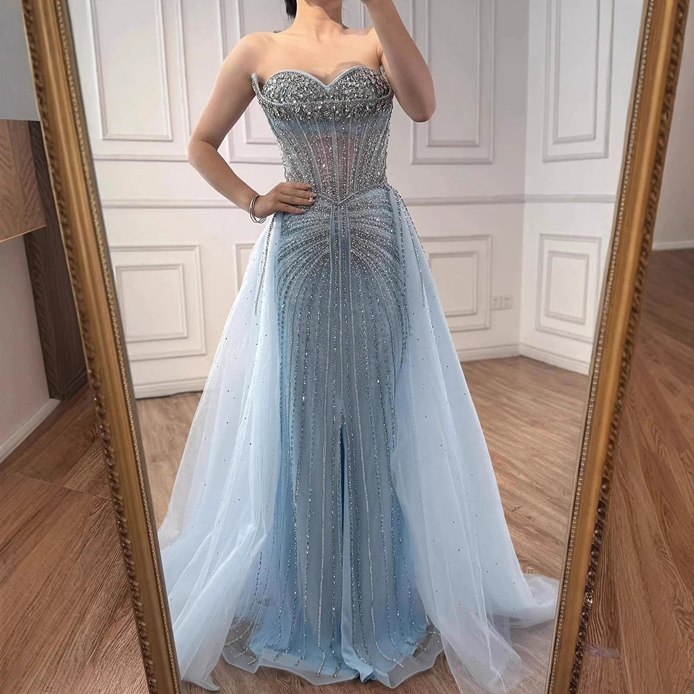 Luxury Dubai Nude Beaded Mermaid Evening Dress with Overskirt LA72811 - SERENE HILL
