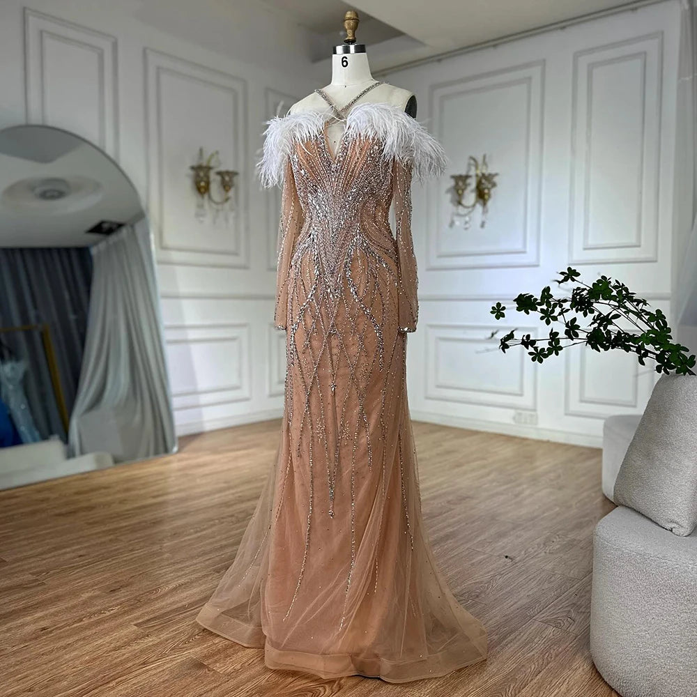 Luxury Dubai Blue Feather Beaded Luxury Mermaid Evening Dresses Gowns for Women Formal Occasion LA72836 - SERENE HILL