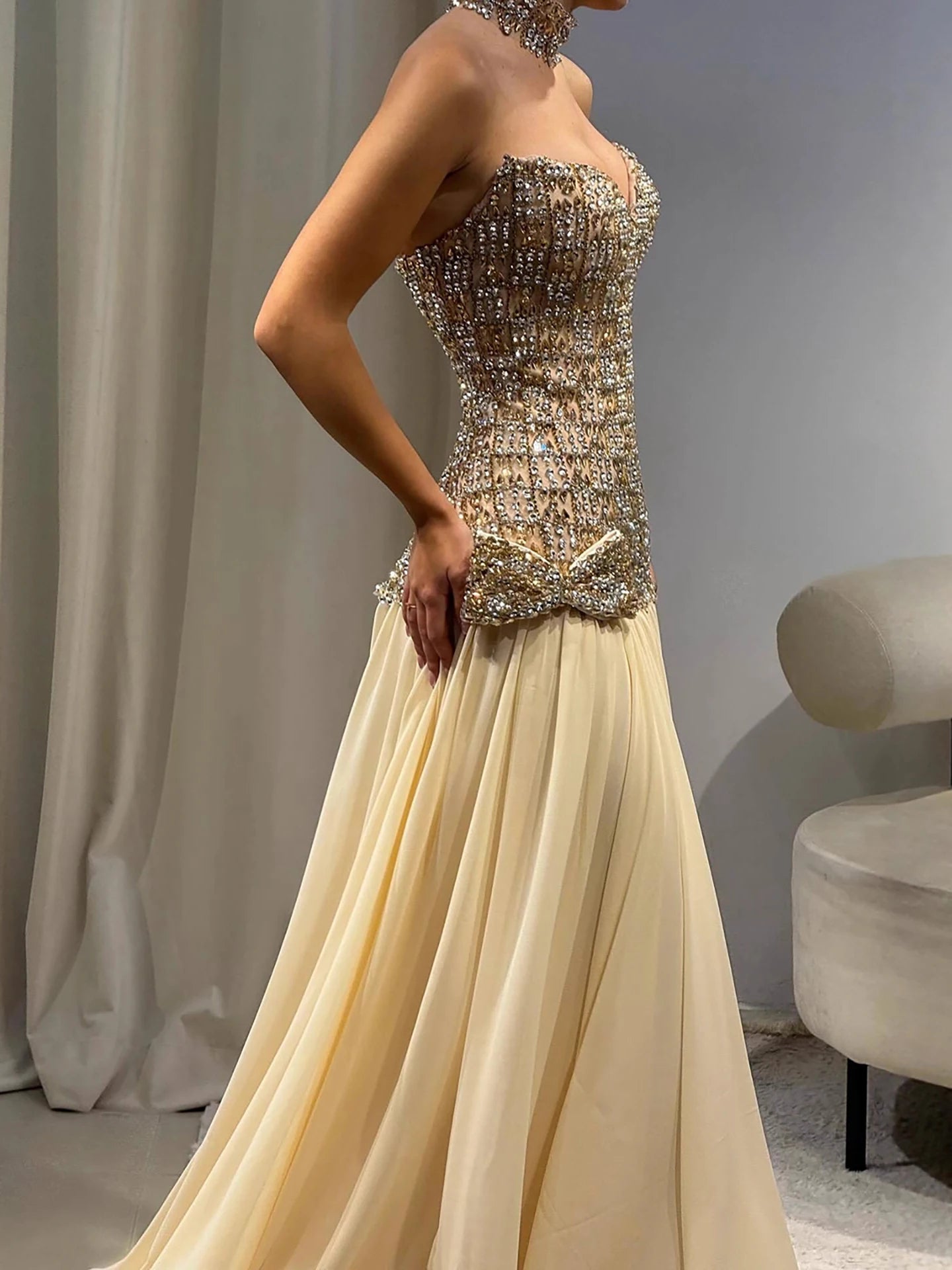 Luxury Champagne A-Line Crystal Beaded Evening Dress LA73361 - SERENE HILL