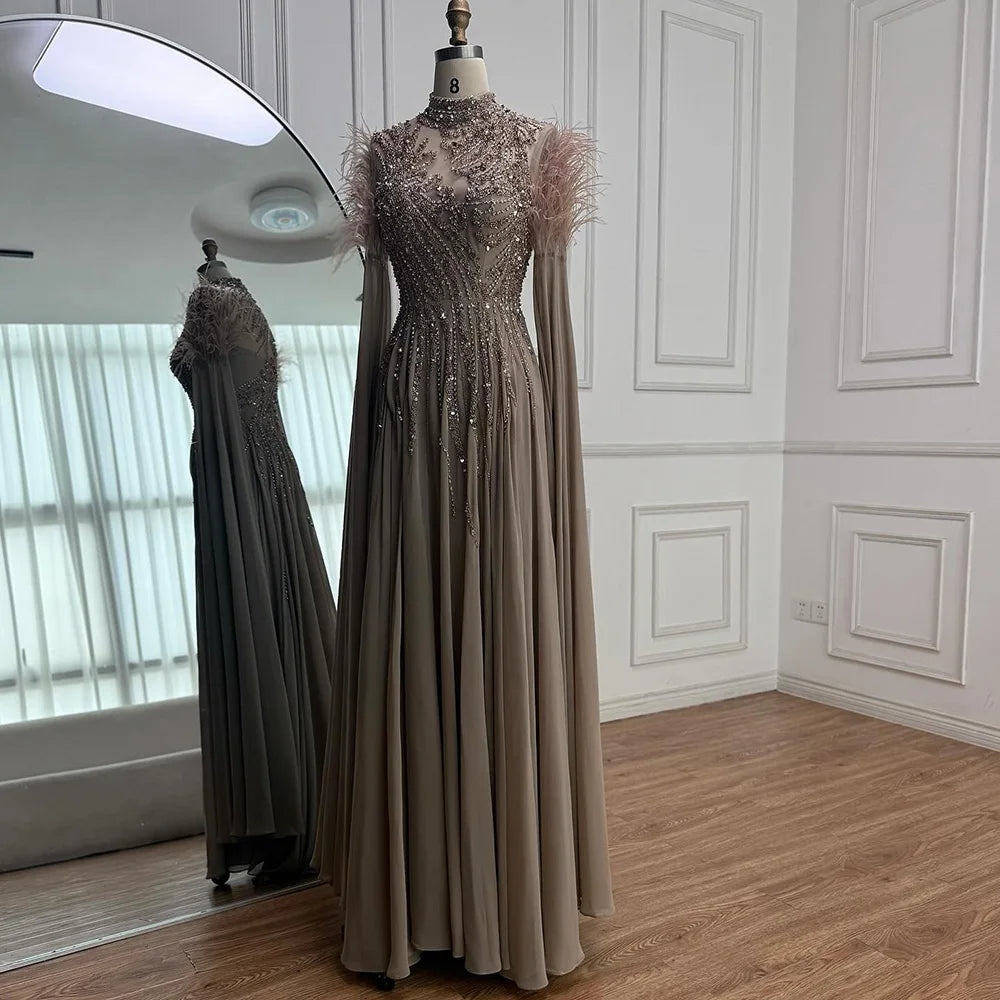 Luxury Pink Feather Beaded Evening Dress with Long Cape Sleeves LA72982 - SERENE HILL