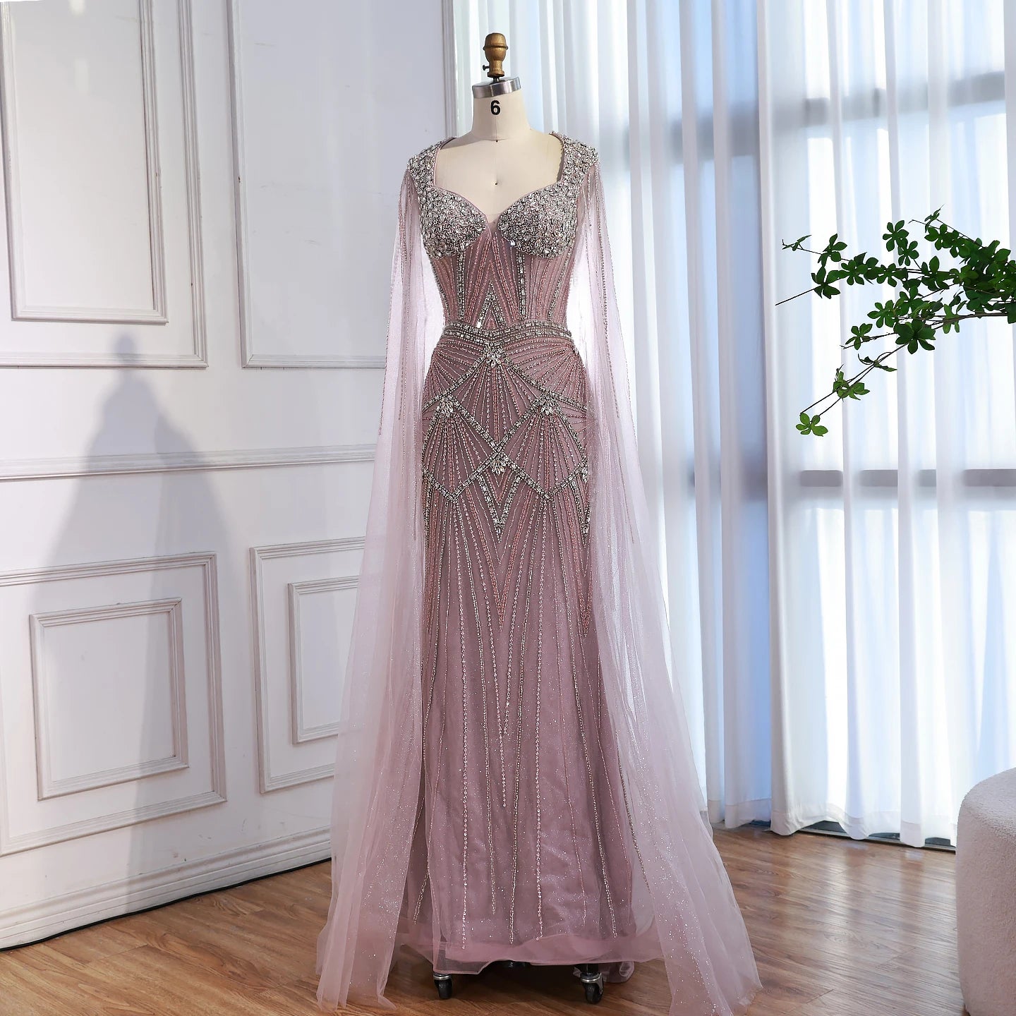 Luxury Dubai Pink Beaded Evening Dress With Cape LA73329 - SERENE HILL