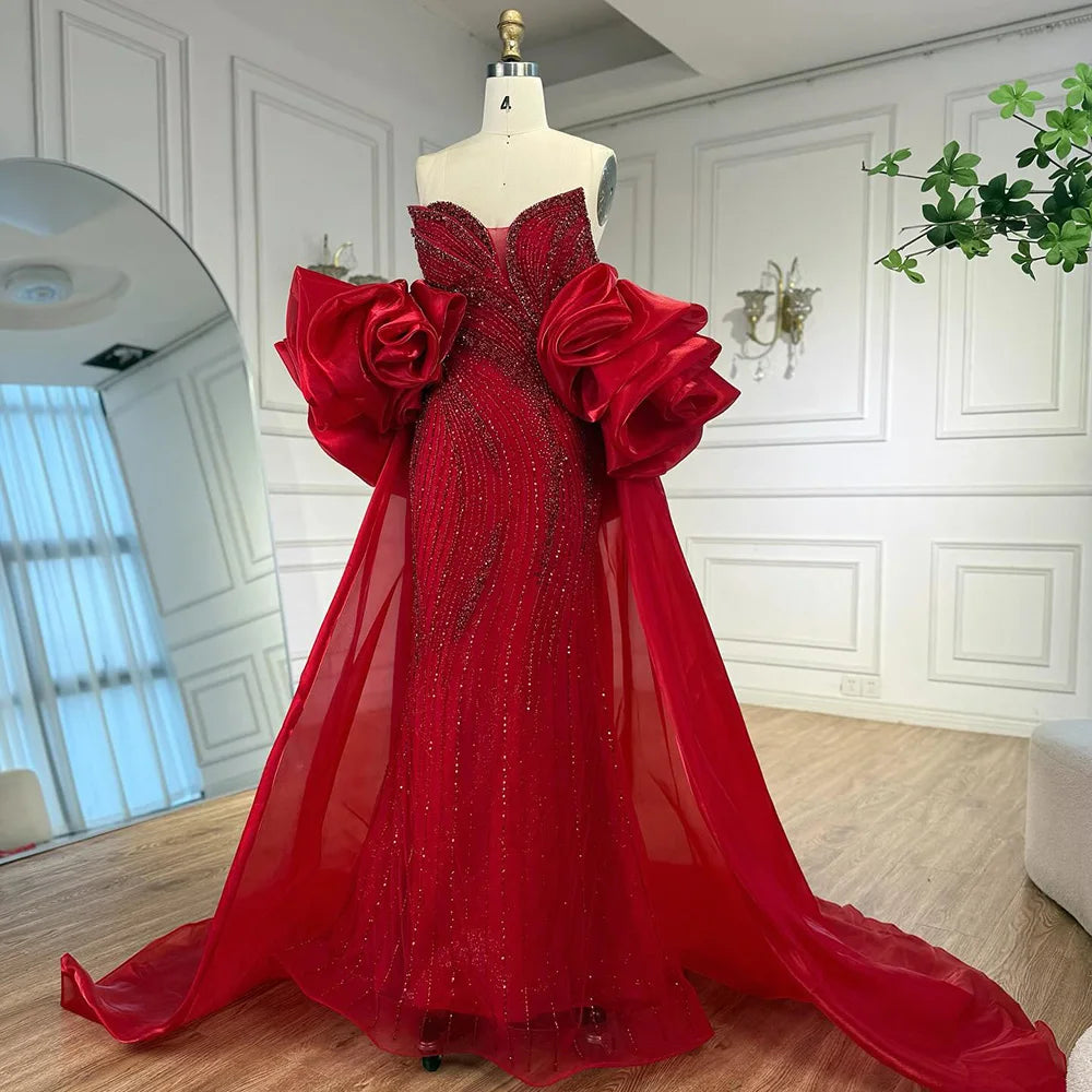 Luxury Designer Red Beaded Mermaid Evening Dress with Cape LA72896 - SERENE HILL
