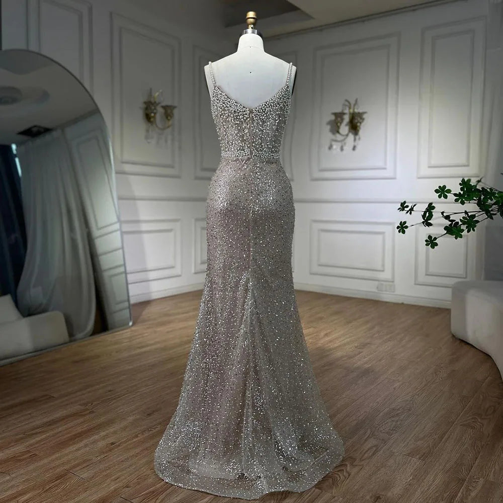 Serene Hill Nude Mermaid Evening Gown - Elegant, Luxurious, Pearls Beaded. Perfect for Women&
