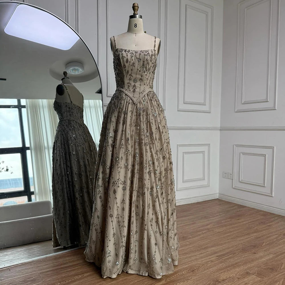 Luxury Sage Green Beaded A-Line Spaghetti Strap Evening Dress LA72805 - SERENE HILL