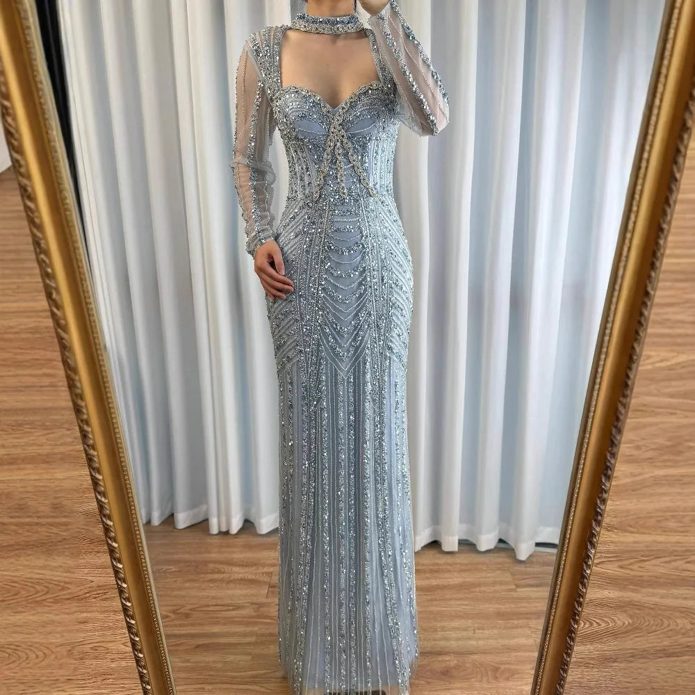 Caramel Beaded Mermaid Evening Dress with Long Sleeves LA72560B - SERENE HILL