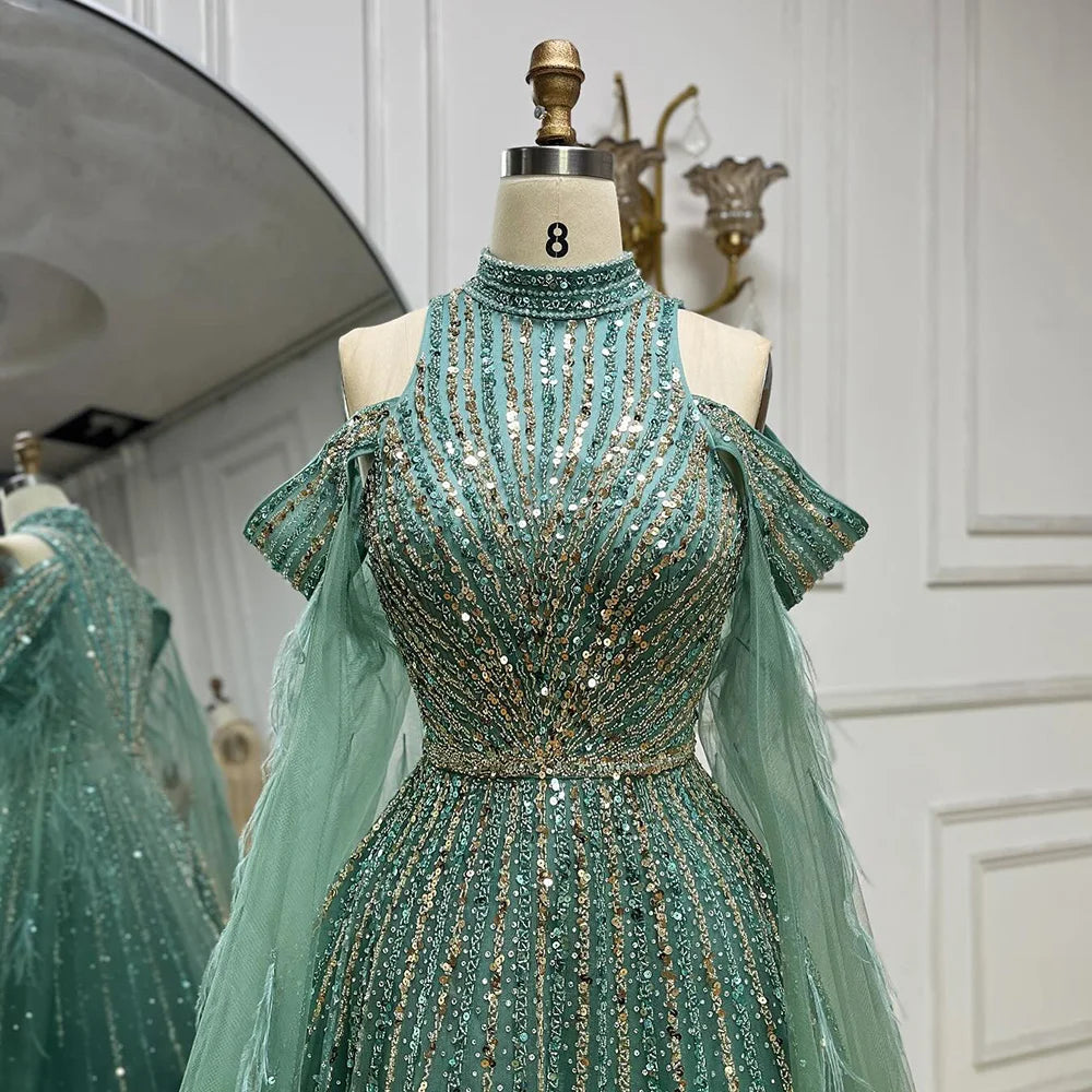 Serene Hill 2025 Arabic Turquoise Cape Sleeves A-Line Beaded Feathers Long Evening Gowns for Women Wedding Party LA72644 - SERENE HILL