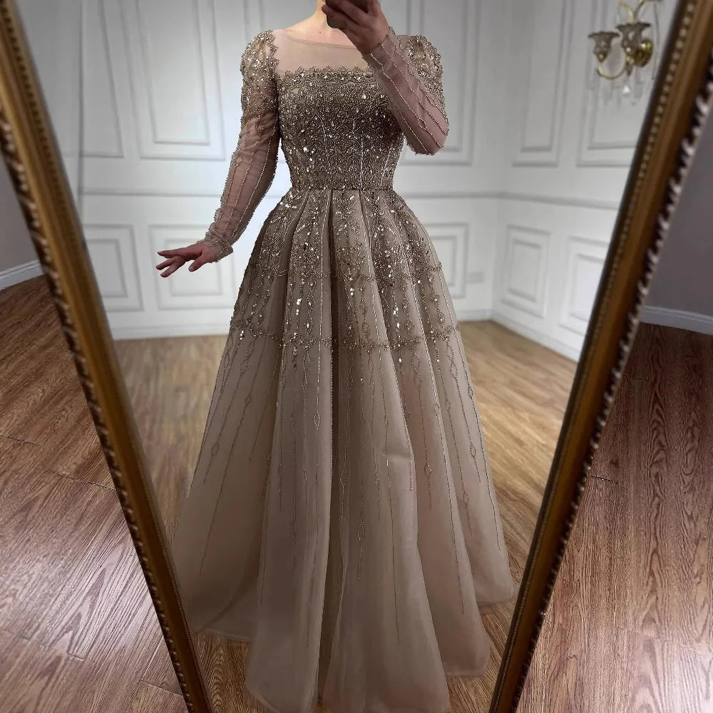 Luxury Caramel A-Line Beaded Evening Dress with Long Sleeves LA73077 - SERENE HILL