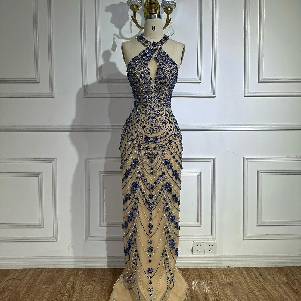 Luxury Blue Halter Crystal Beaded Evening Dress LA72760 - SERENE HILL