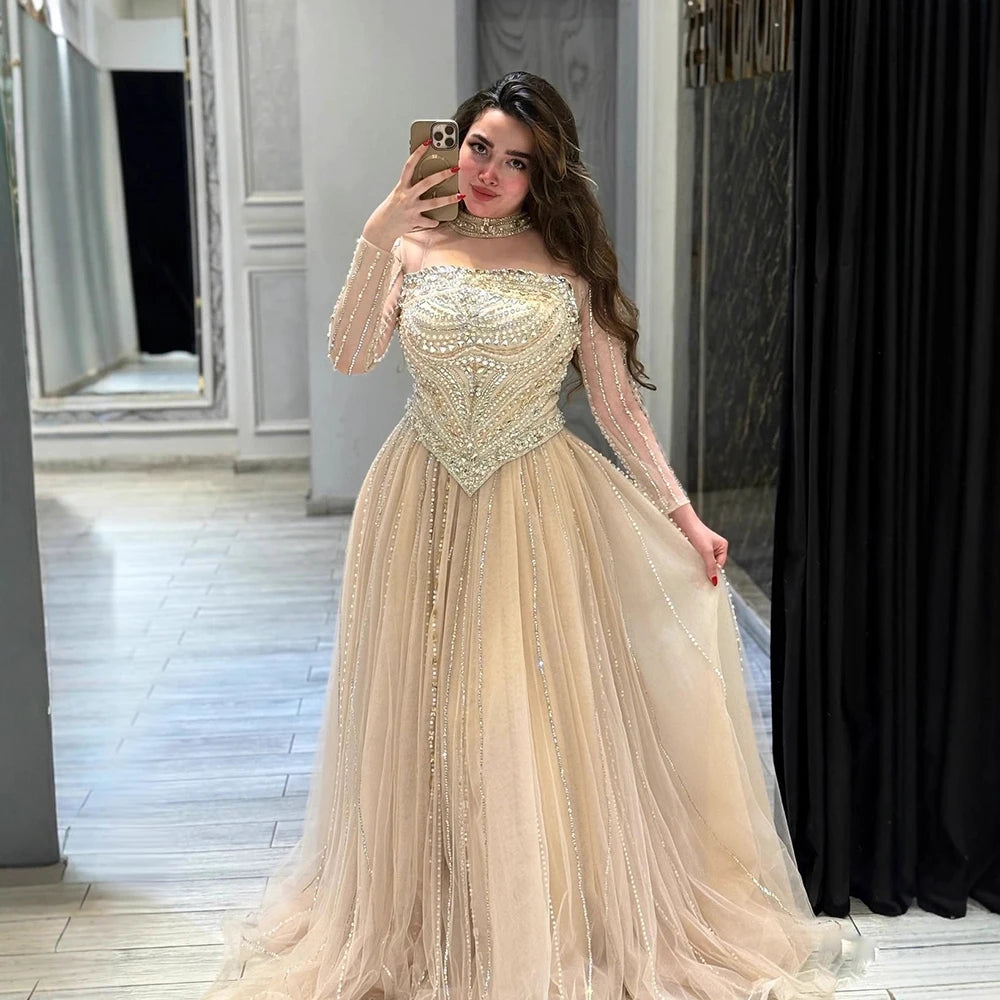 Luxury Nude Crystal Beaded A Line Long Sleeve Evening Dress LA73192 Nude / 6 Luxury Nude Crystal Beaded A Line Long Sleeve Evening Dress LA73192 Nude / 6