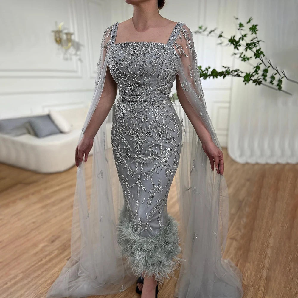 Dubai Luxury Feathers Lilac Evening Dress with Cape Sleeves LA71841 - SERENE HILL