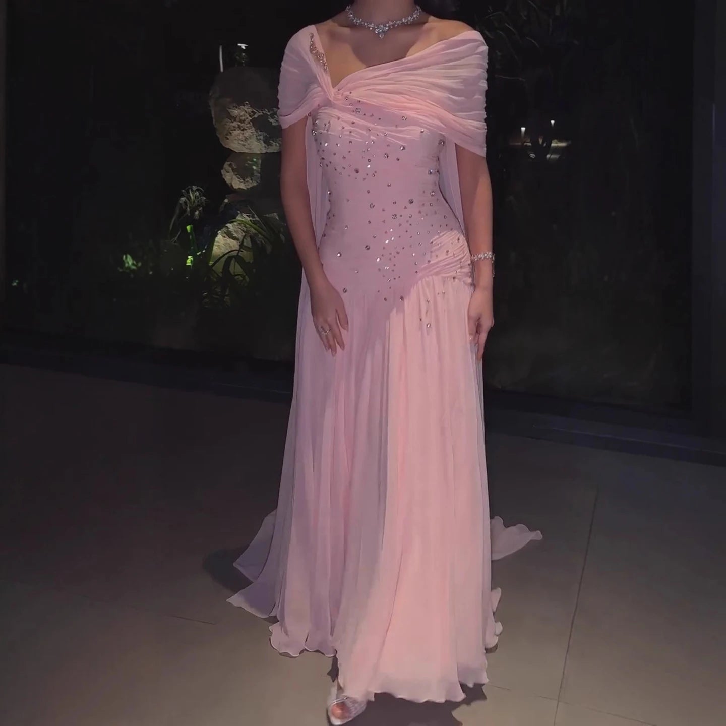 Luxury Pink Chiffon Beaded A-Line Evening Dress with Sheer Cape LA73347 - SERENE HILL